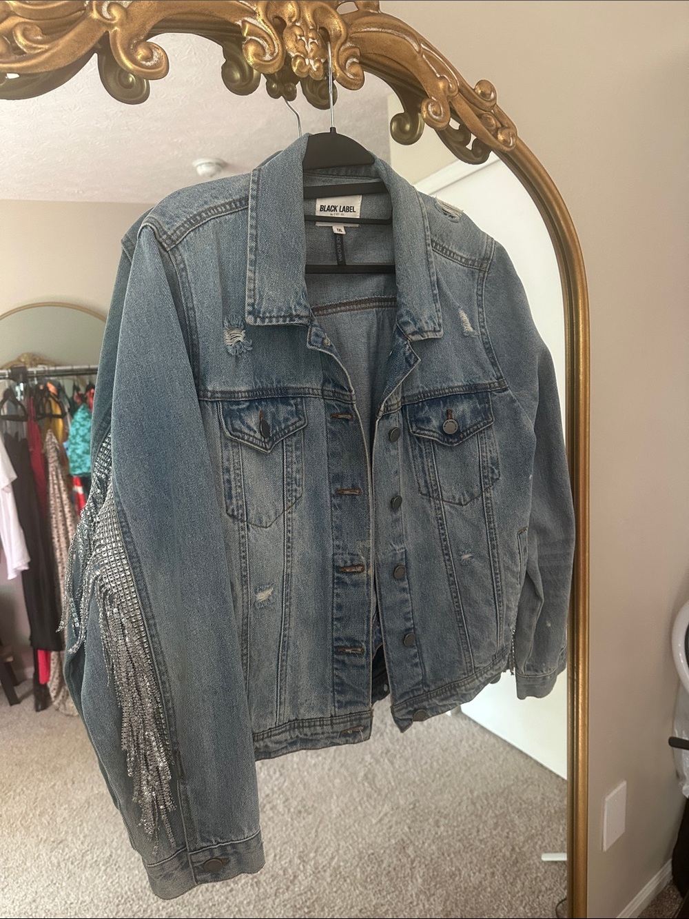 Black Label Blue Denim Jacket with Rhinestone Tassel Sleeve